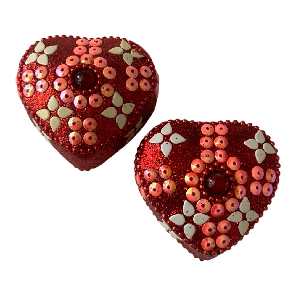 RARE VTG Pier 1 Imports Cabochon Jewel Sequin Heart Trinket Keepsake Boxes 2
